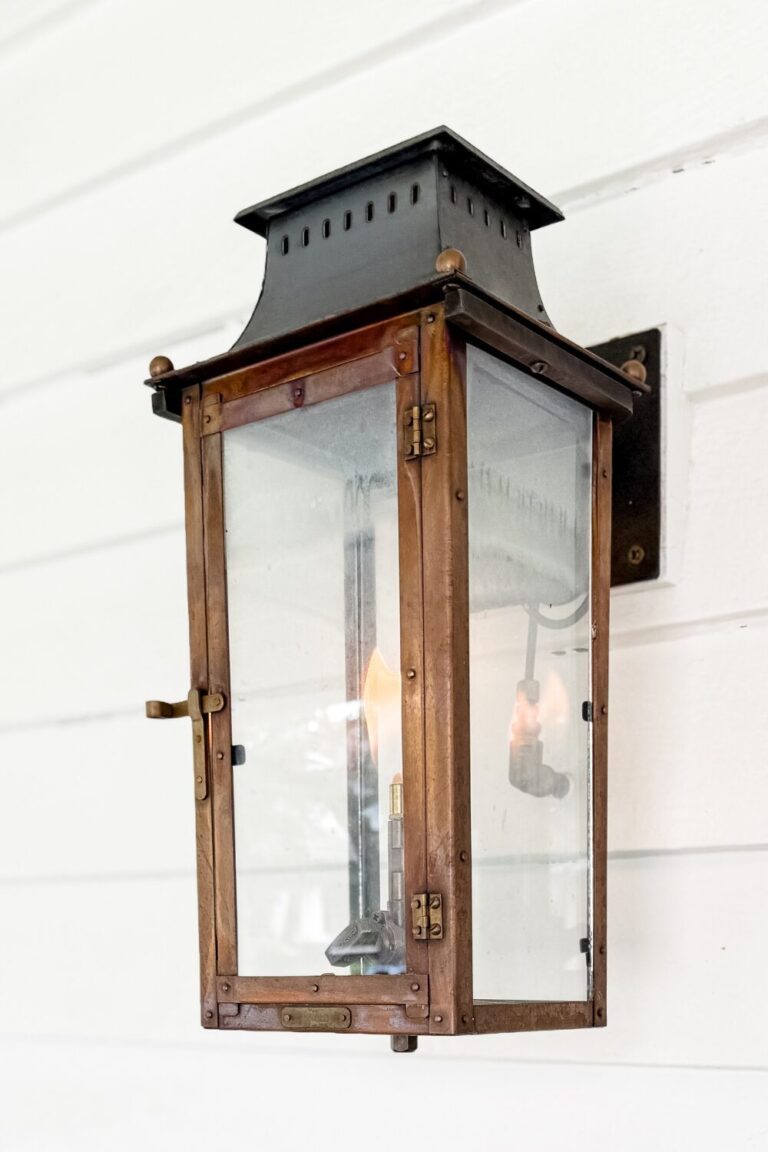 outdoor copper gas lantern on porch