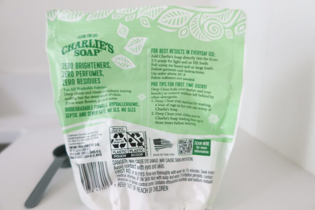 Back of Charlie's Soap packaging with instructions.