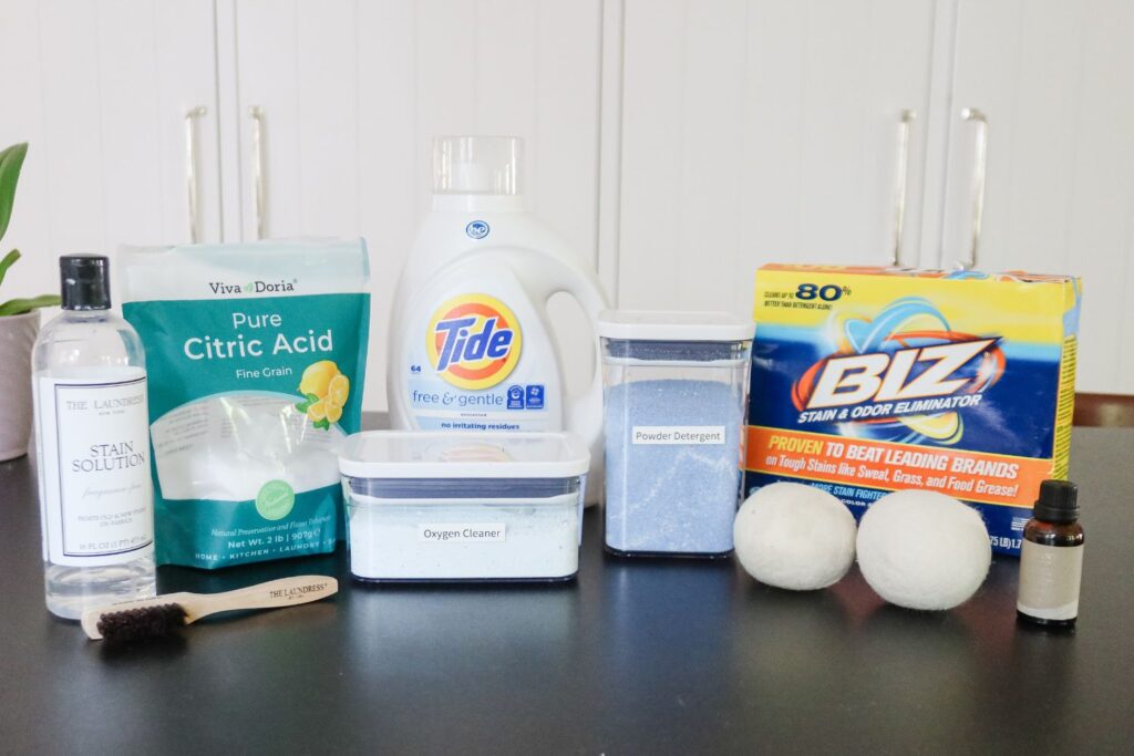 Display of detergents and supplies to use for cleaning your towels the right way.